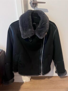 Zara Black Shearling Moto Jacket with Gray Fur Collar